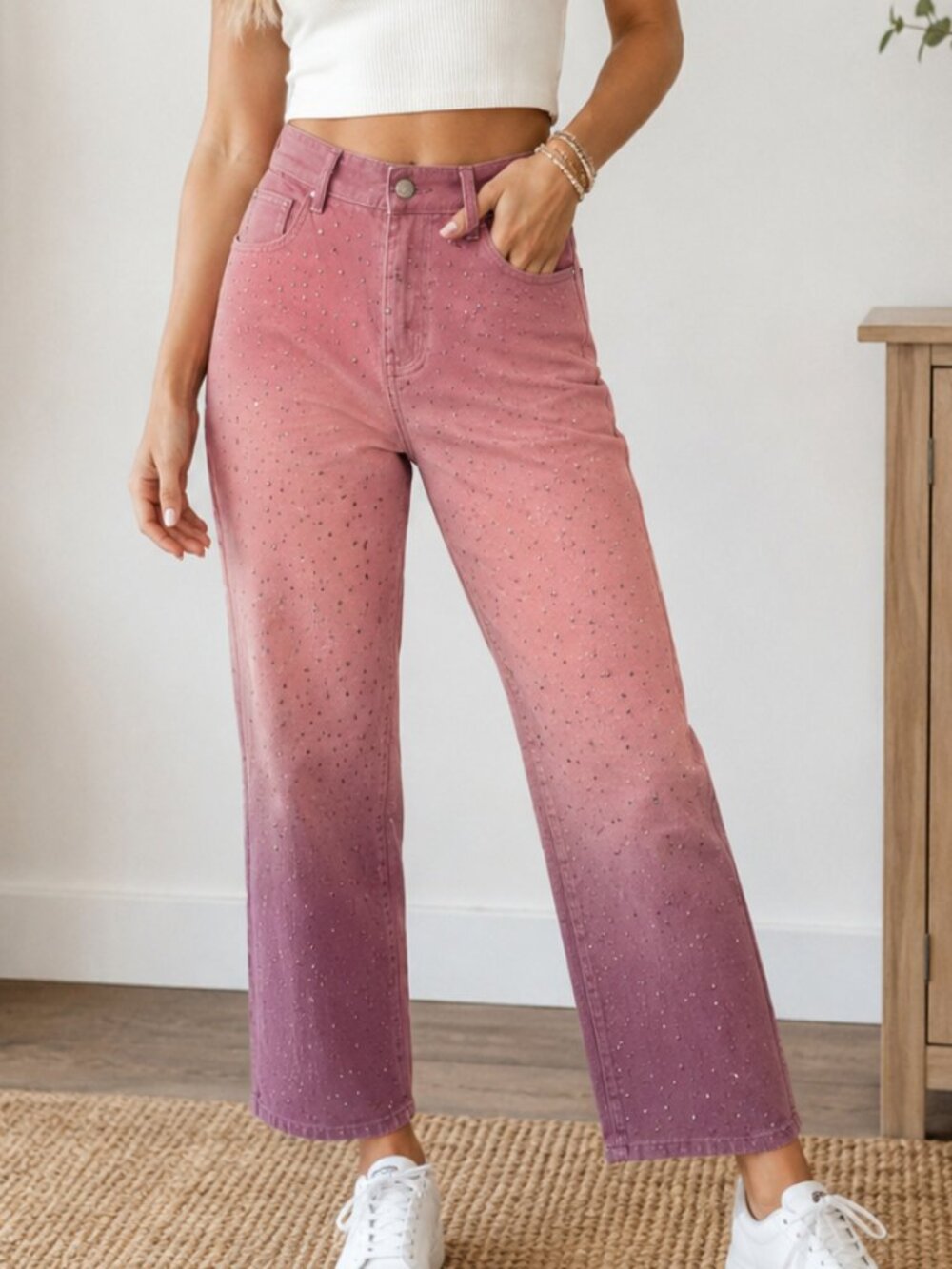 POL Ombre Pink Rhinestone Straight Leg Jeans NWT Boho Small